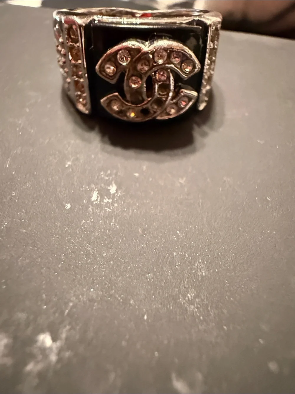 CHANEL Silver and Black Crystal CC Signet Ring